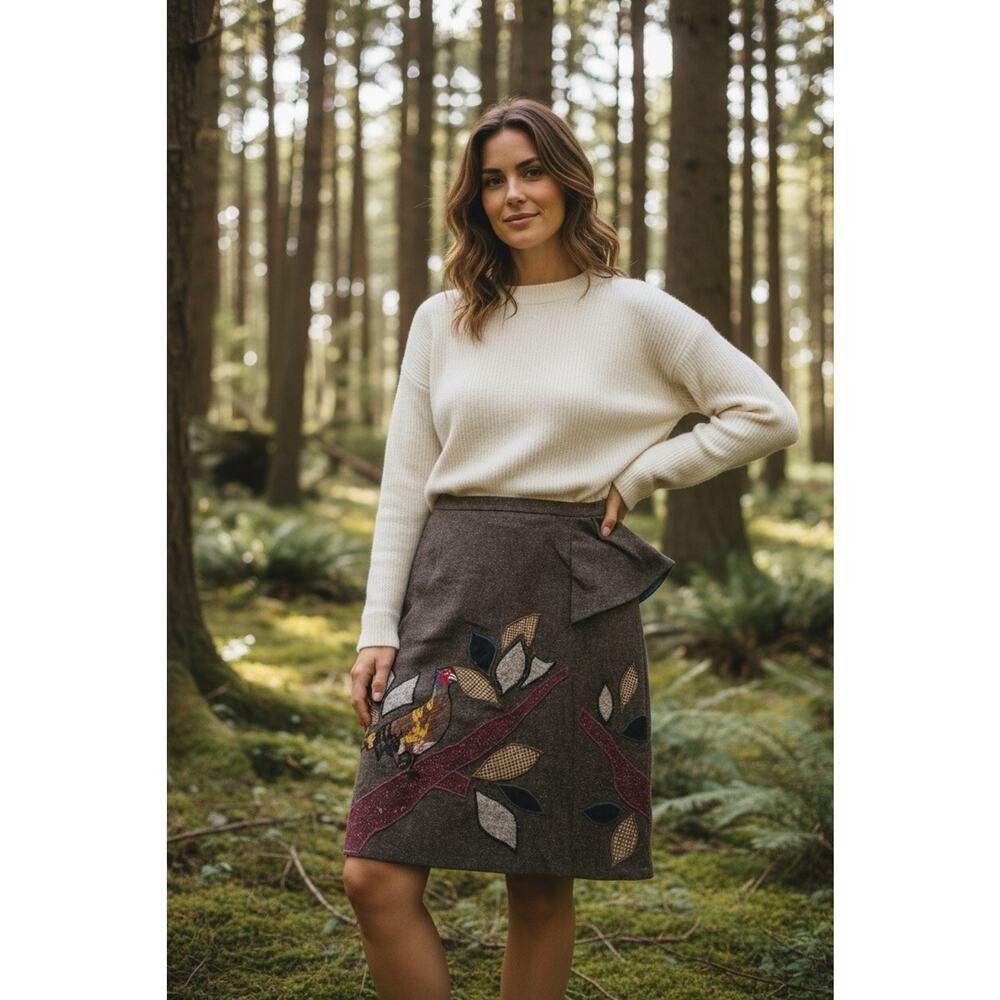Anthropologie Brown Maxi Skirt with Multicolor Leaf Appliqué